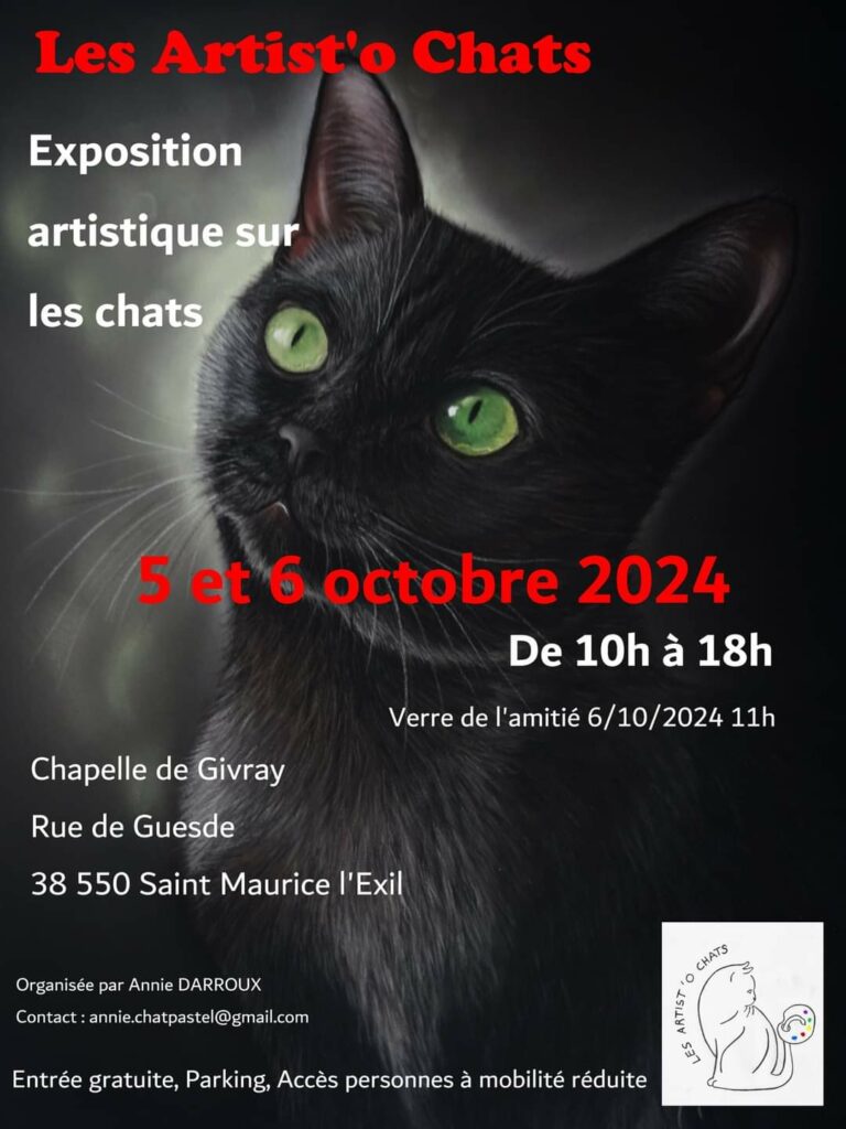 Affiche de l'exposition artistique sur les chats 'Les Artist'o Chats' les 5 et 6 octobre 2024 à Saint Maurice l'Exil.